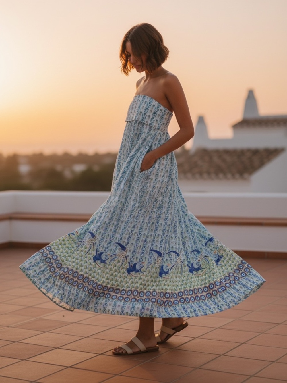 Anthropologie Floral Blue and Green Dress